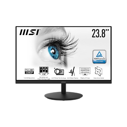 MSI Pro MP242 23.8 Inch Monitor, Full HD (1920 x 1080), 75Hz, IPS, 5ms, HDMI, VGA, Built-in Speakers, Anti-Glare, Anti-Flicker, Less Blue light, TÜV Certified, VESA, Kensington, Black