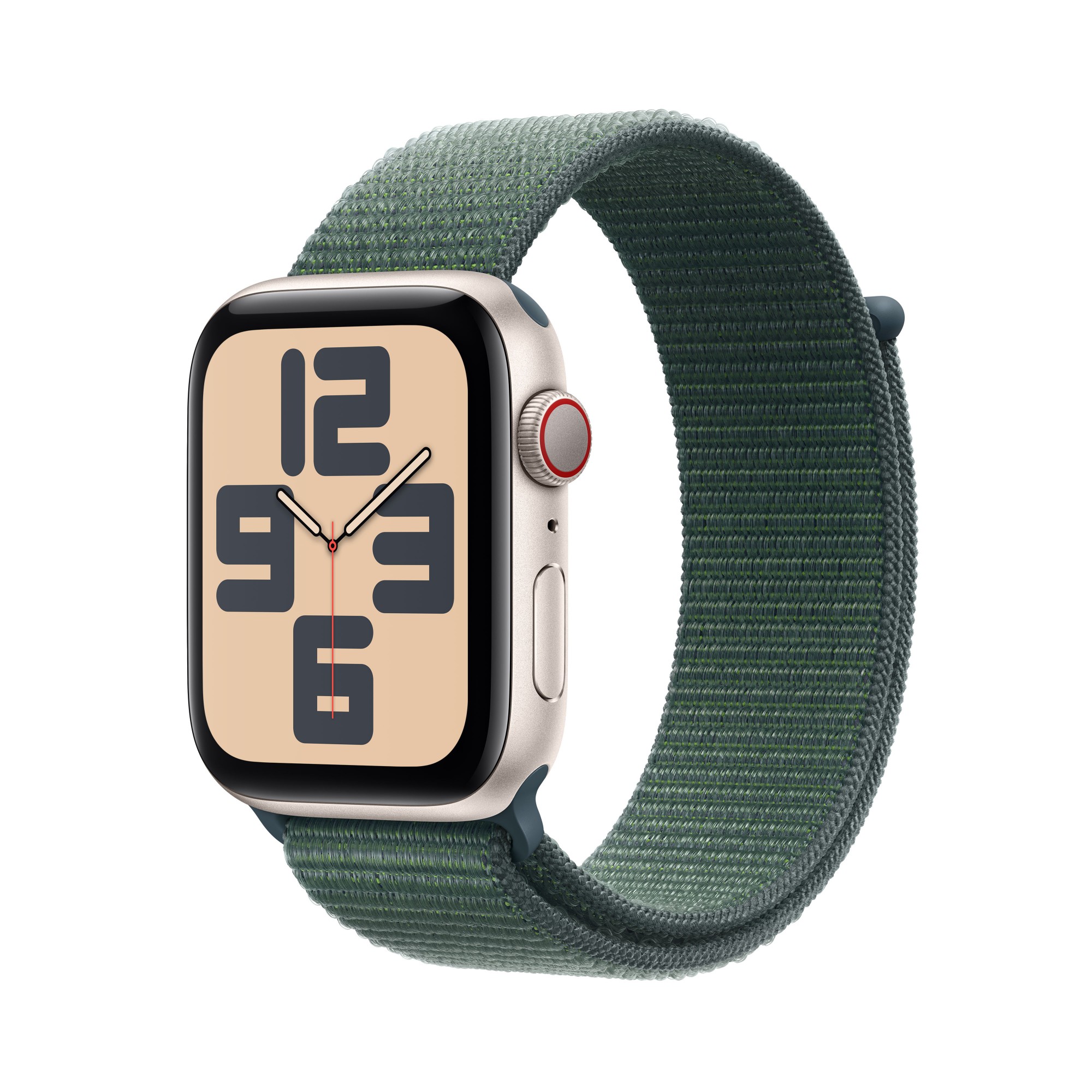 Apple Watch SE (GPS + Cellular) - 2nd generation - 44 mm - starlight aluminium - smart watch with sport loop - soft double-layer nylon - lake green - wrist size: 130-180 mm - 32 GB - LTE, Wi-Fi 4, Bluetooth - 4G - 33 g