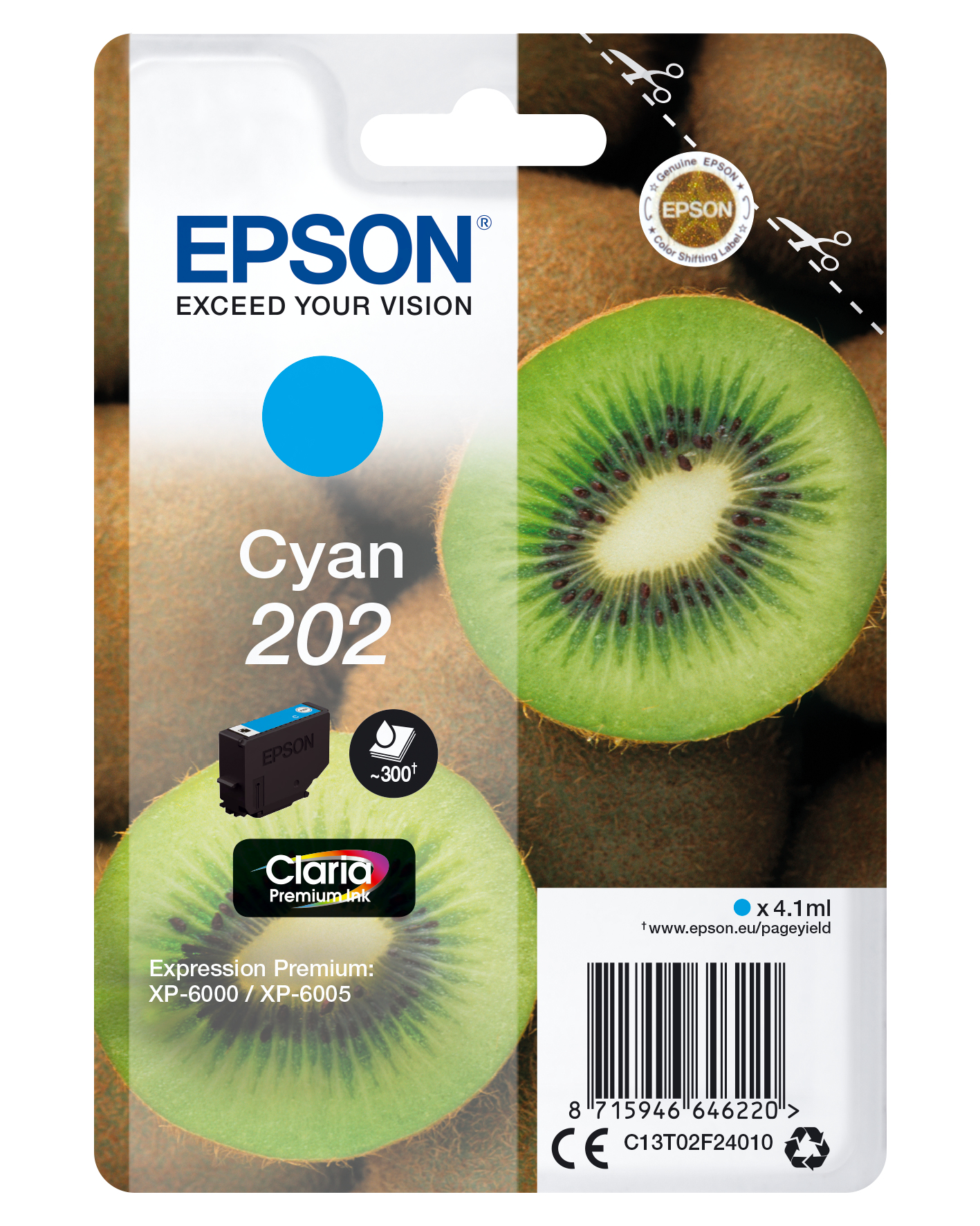 Image of Epson C13T02F24010/202 Ink cartridge cyan, 300 pages 4,1ml for...
