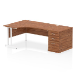 Dynamic Impulse W1600 x D1200 x H730mm Left Hand Crescent Desk Cantilever Leg With D800mm Desk High Pedestal Walnut Finish White Frame - I004091 DD