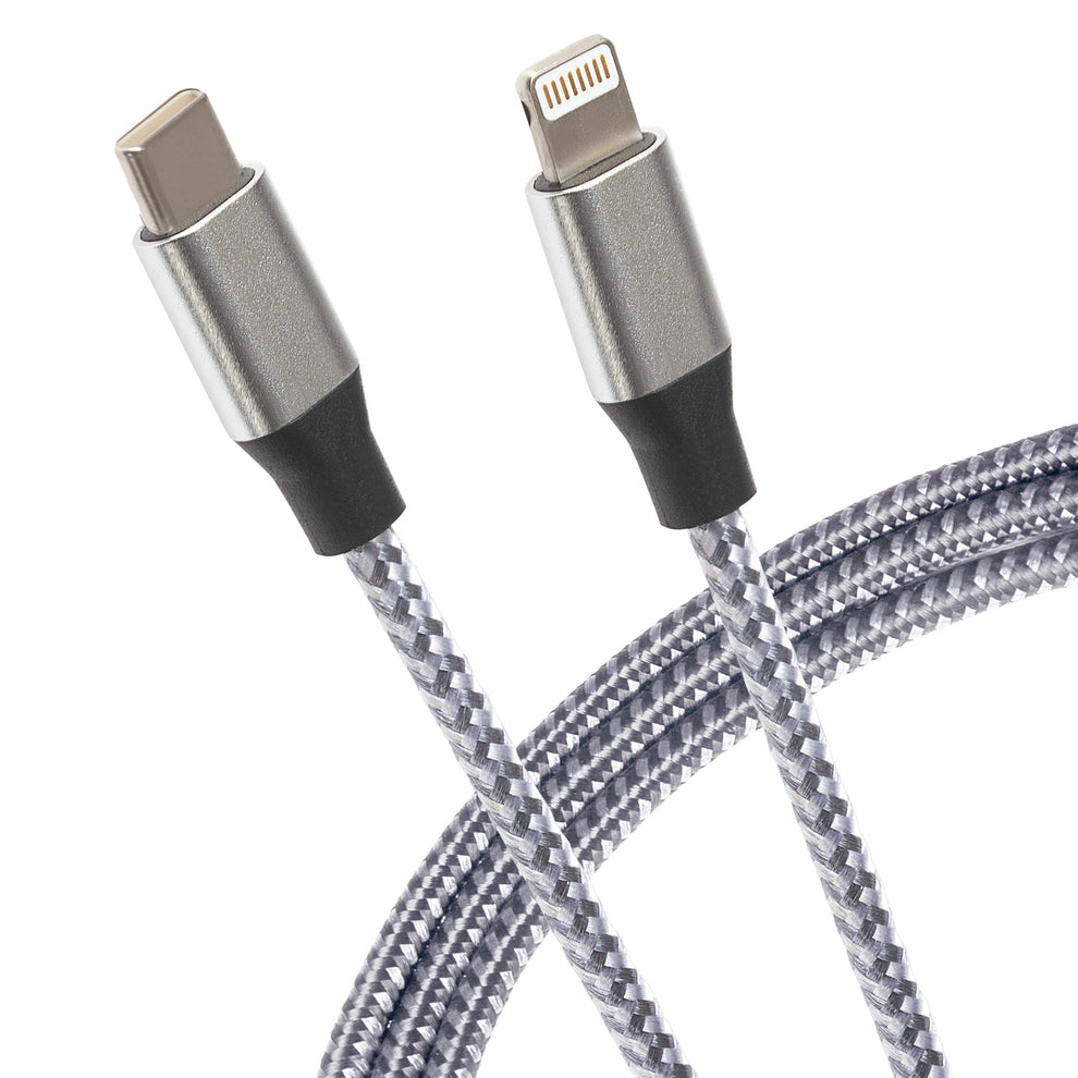 Maplin Lightning to USB-C Braided 27W High Speed Cable - Silver. 1m