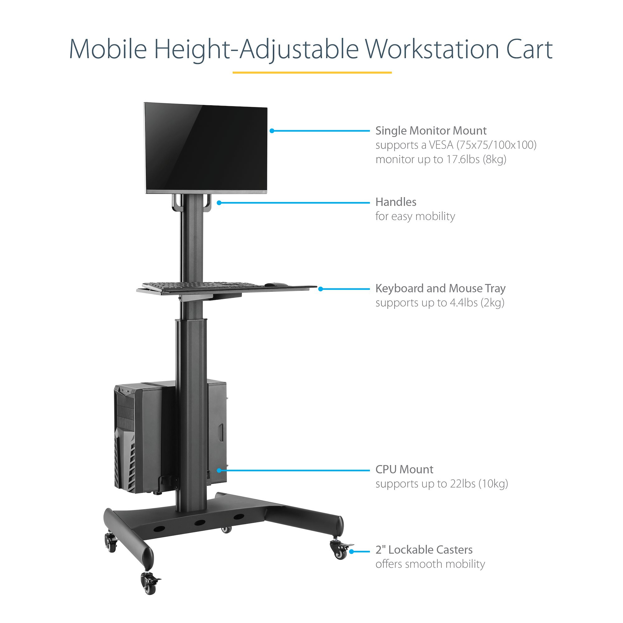 StarTech-com-Mobile-Workstation-Cart-with-Monitor-Mount--CPU-PC-Holder--Keyboard-Tray---Ergonomic-Height-Adjustable-Desktop-Computer-Cart---Rolling-Mobile-Standing-Workstation-on-Wheels