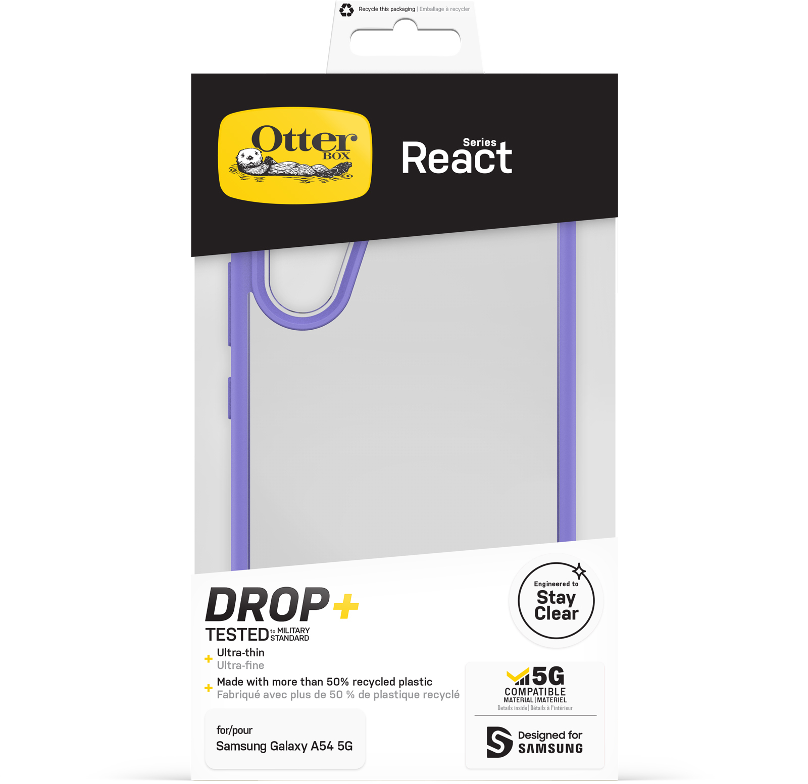 OtterBox React Case for Galaxy A54 5G, Shockproof, Drop proof, Ultra-Slim, Protective Thin Case, Tested to Military Standard, Antimicrobial Protection, Purplexing