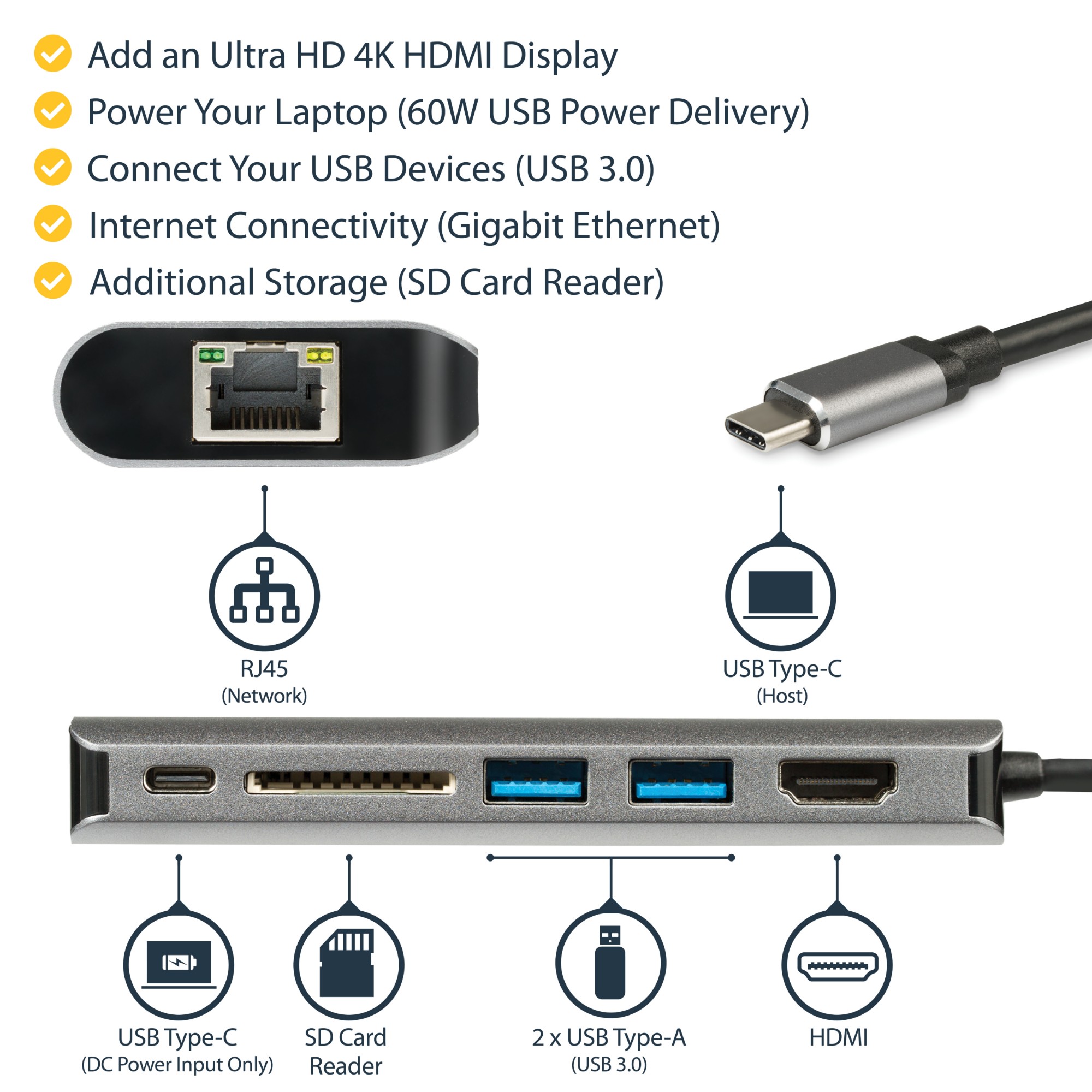 StarTech.com Adattatore Multiporta USB-C - Lettore Schede SD - Power Delivery - 4K HDMI - GbE - 2x USB 3.0 - NUOVA VERSIONE DISPONIBILE DKT30CSDHPD3