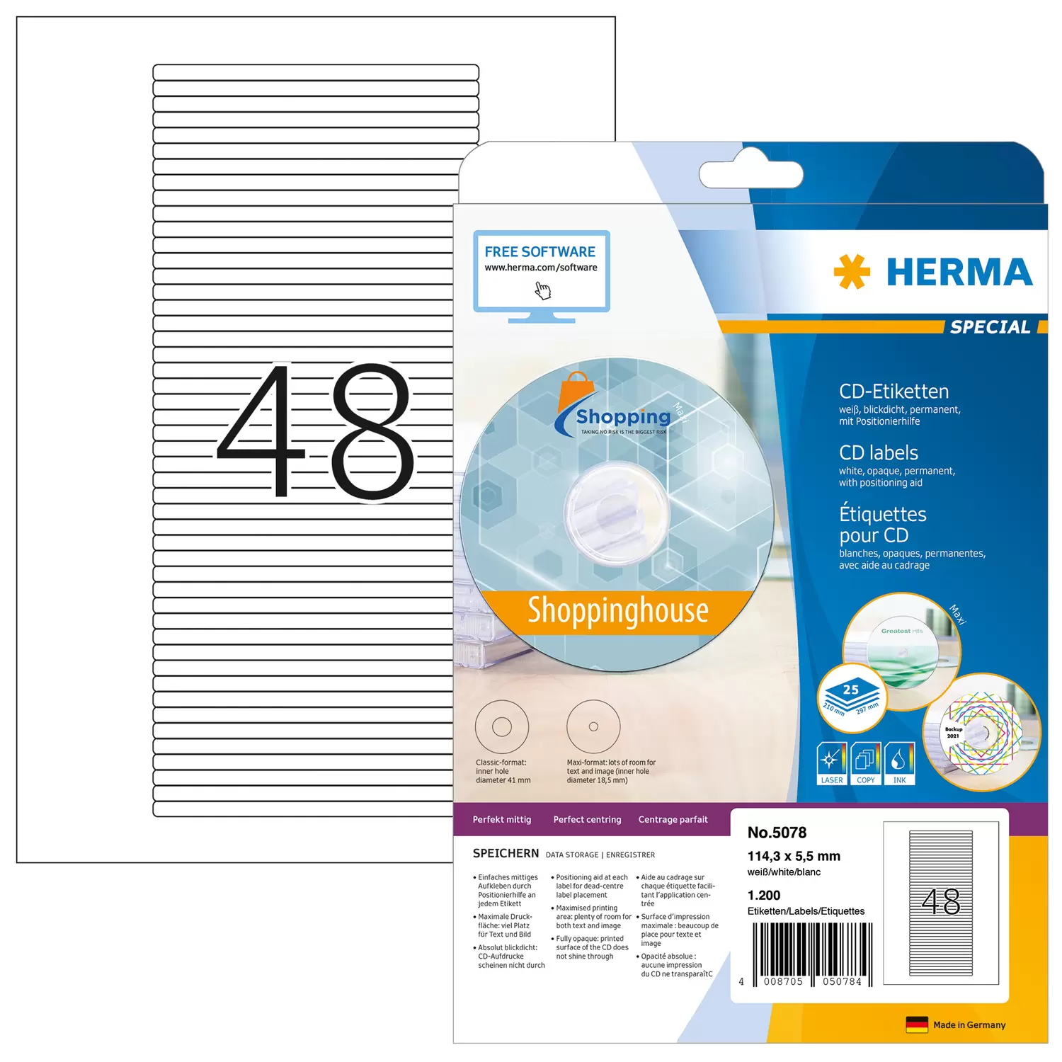 Image of HERMA Labels for CD box A4 114.3x5.5 mm white paper matt 200 pcs.