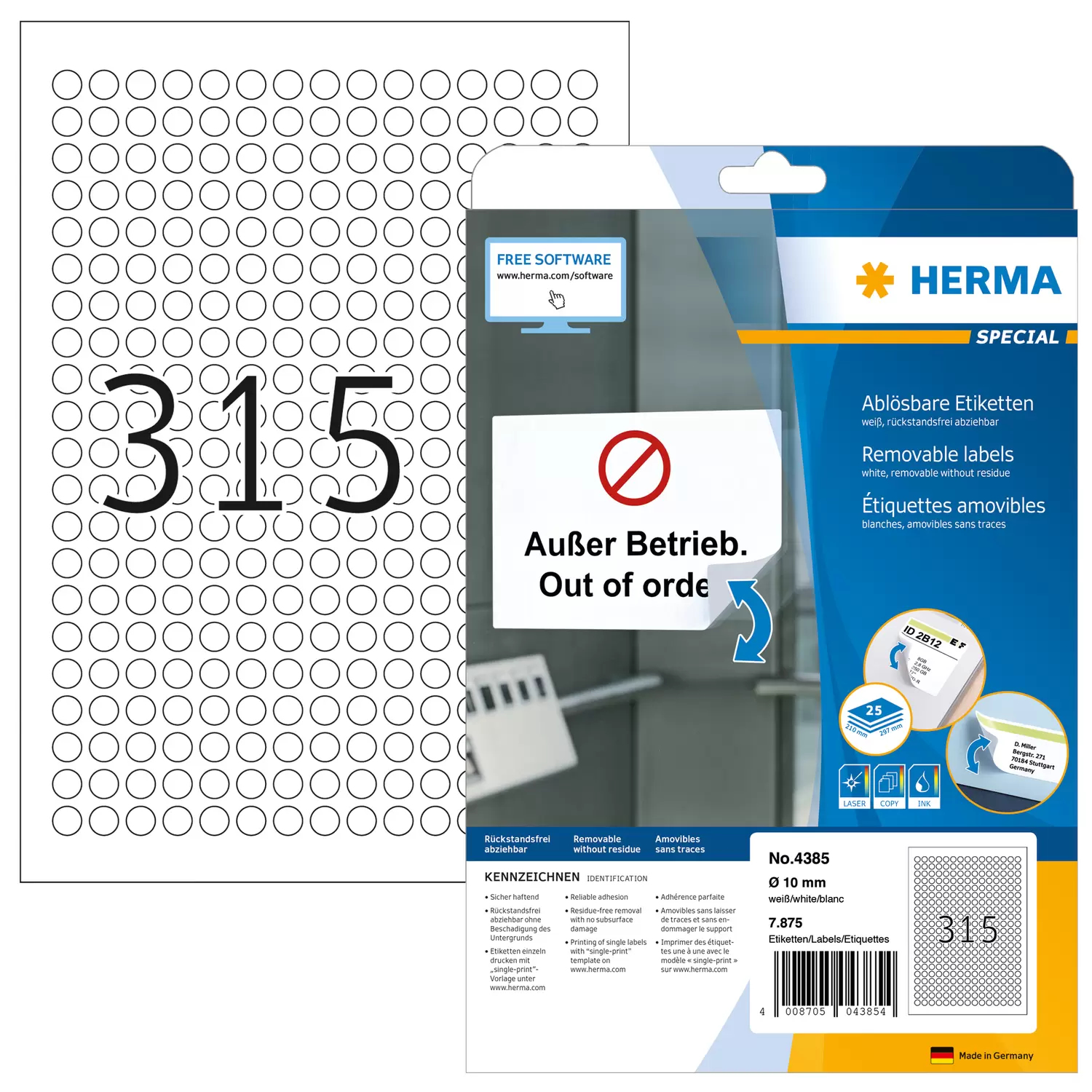 Image of HERMA Removable labels A4 Ø 10 mm round white Movables/removable...