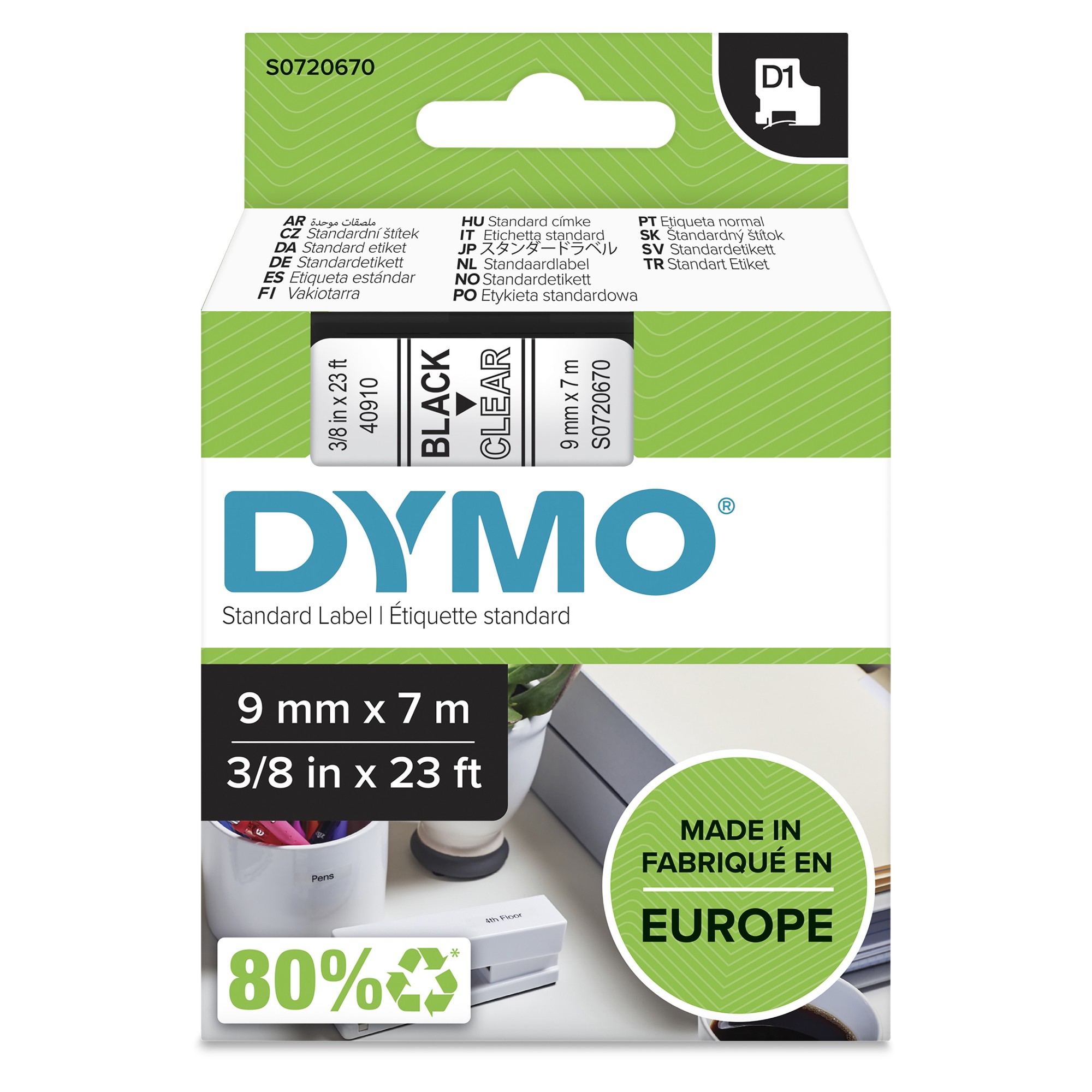 Dymo 40910/S0720670 DirectLabel-etikettes black on Transparent 9mm x 7