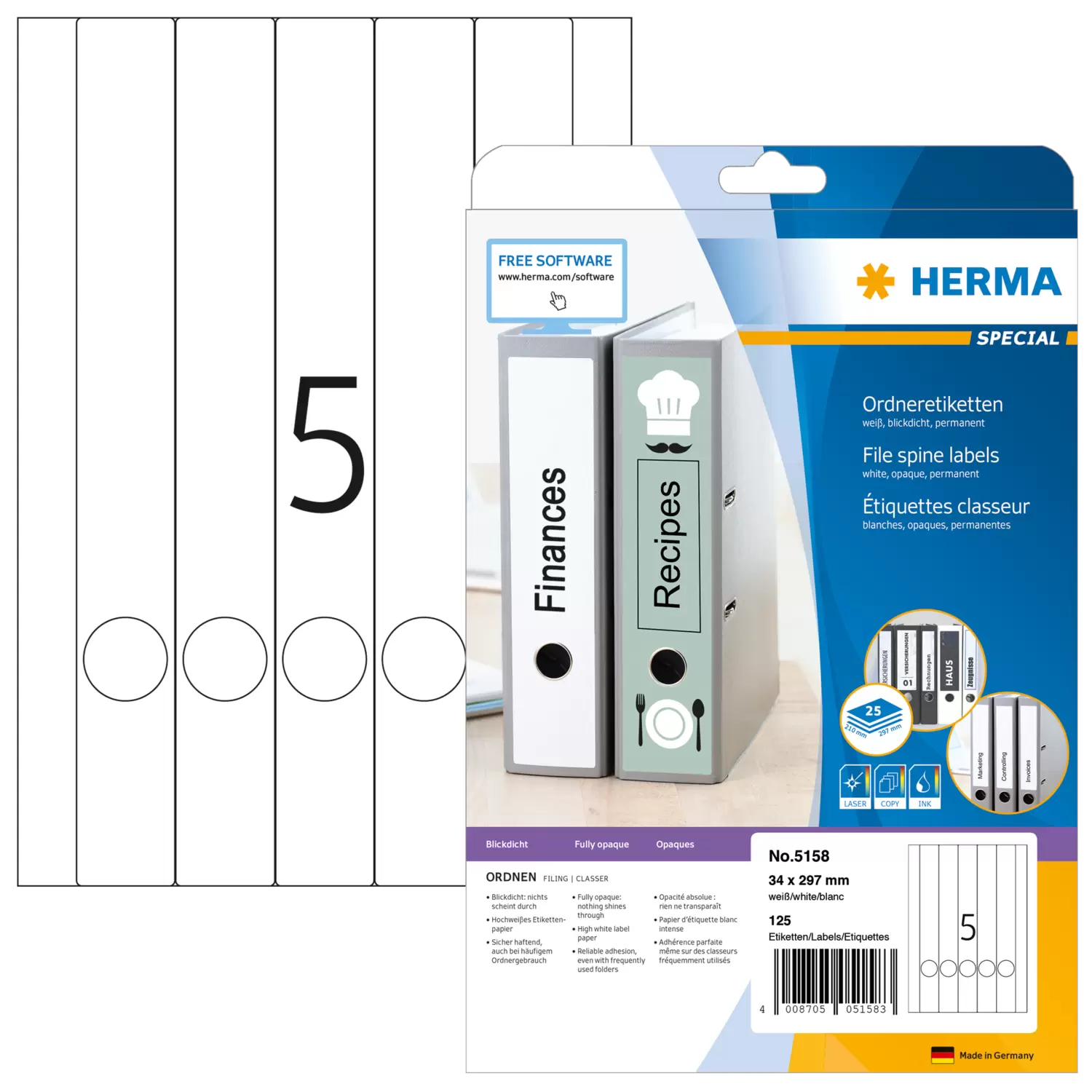 Image of HERMA File labels A4 34x297 mm white paper matt opaque 125 pcs.