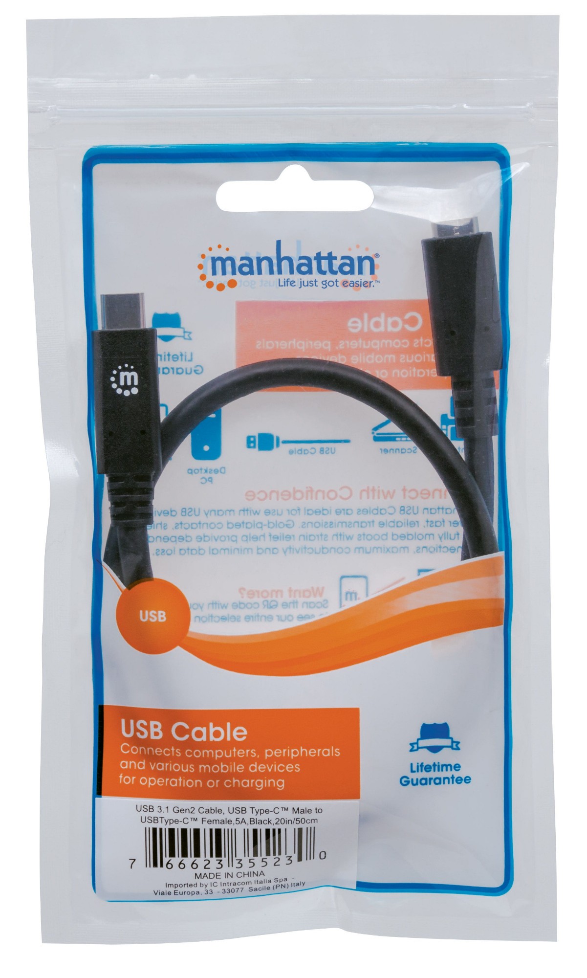 Manhattan USB-C to USB-C Extension Cable, 50cm, Male to Female, 10 Gbps (USB 3.2 Gen2 aka USB 3.1), 5A (super fast charging), Black, Lifetime Warranty, Polybag