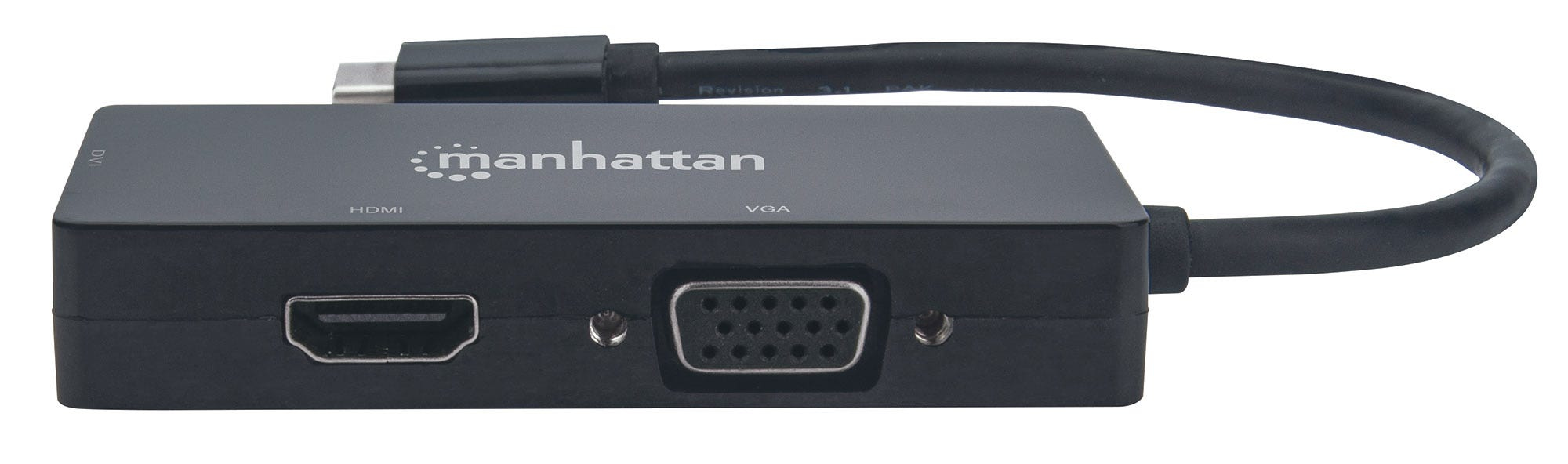 Manhattan USB-C 3-Port Hub/Dock/Converter, USB-C to DVI, HDMI or VGA Ports, HDMI Ultra-High-Definition: 1080p@60Hz or 3840x2160p@30Hz (4K), VGA or DVI: 60 Hz (1080p), Compatible with DVD-D, Male to Females, Cable 10cm, Black, Three Year Warranty, Blister