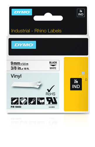 Dymo 18443 Rhino Label Printer Tape 9mmx5.5m Black on White S0718580