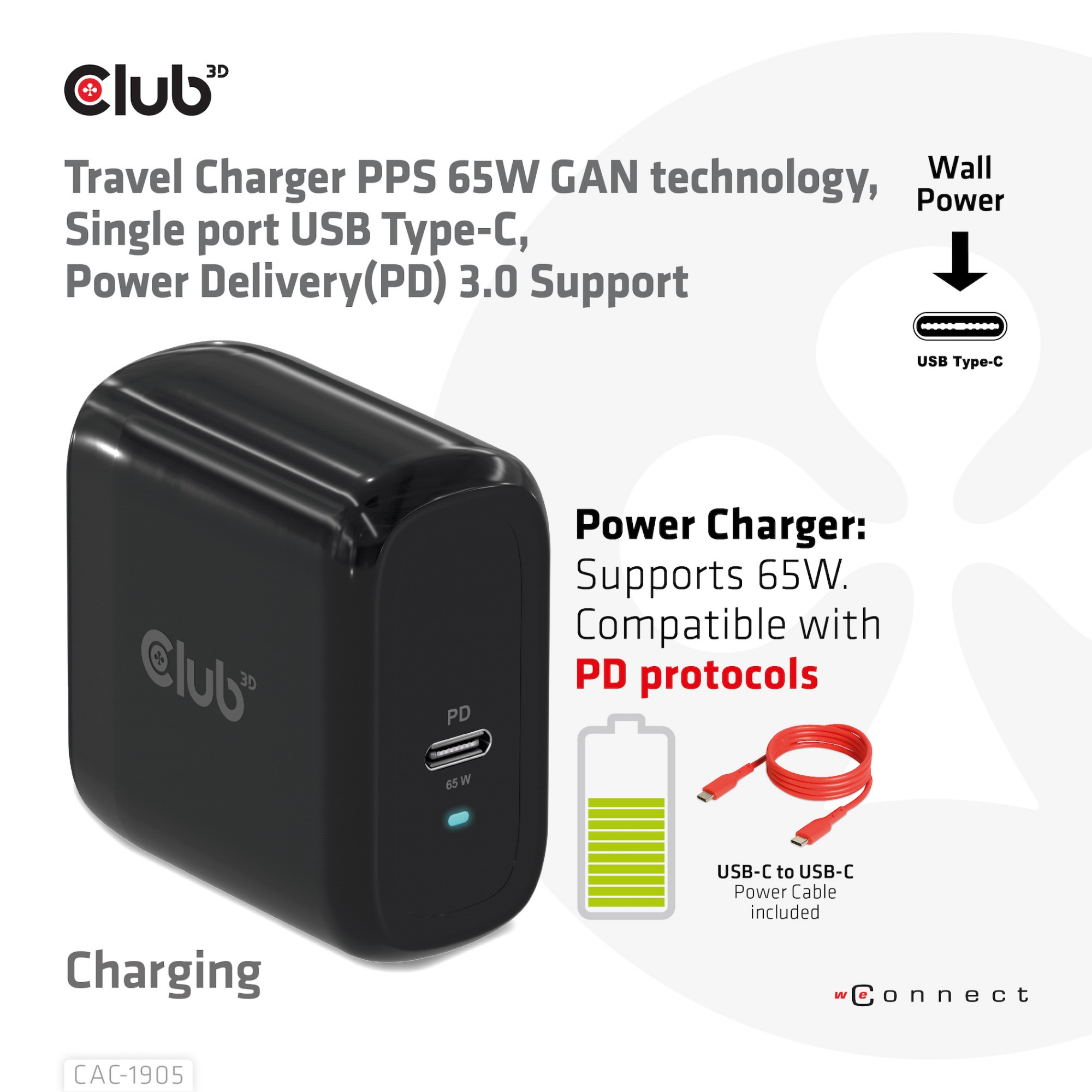 CLUB3D Travel Charger PPS 65W GAN technology, Single port USB Type-C, Power Delivery(PD) 3.0 Support