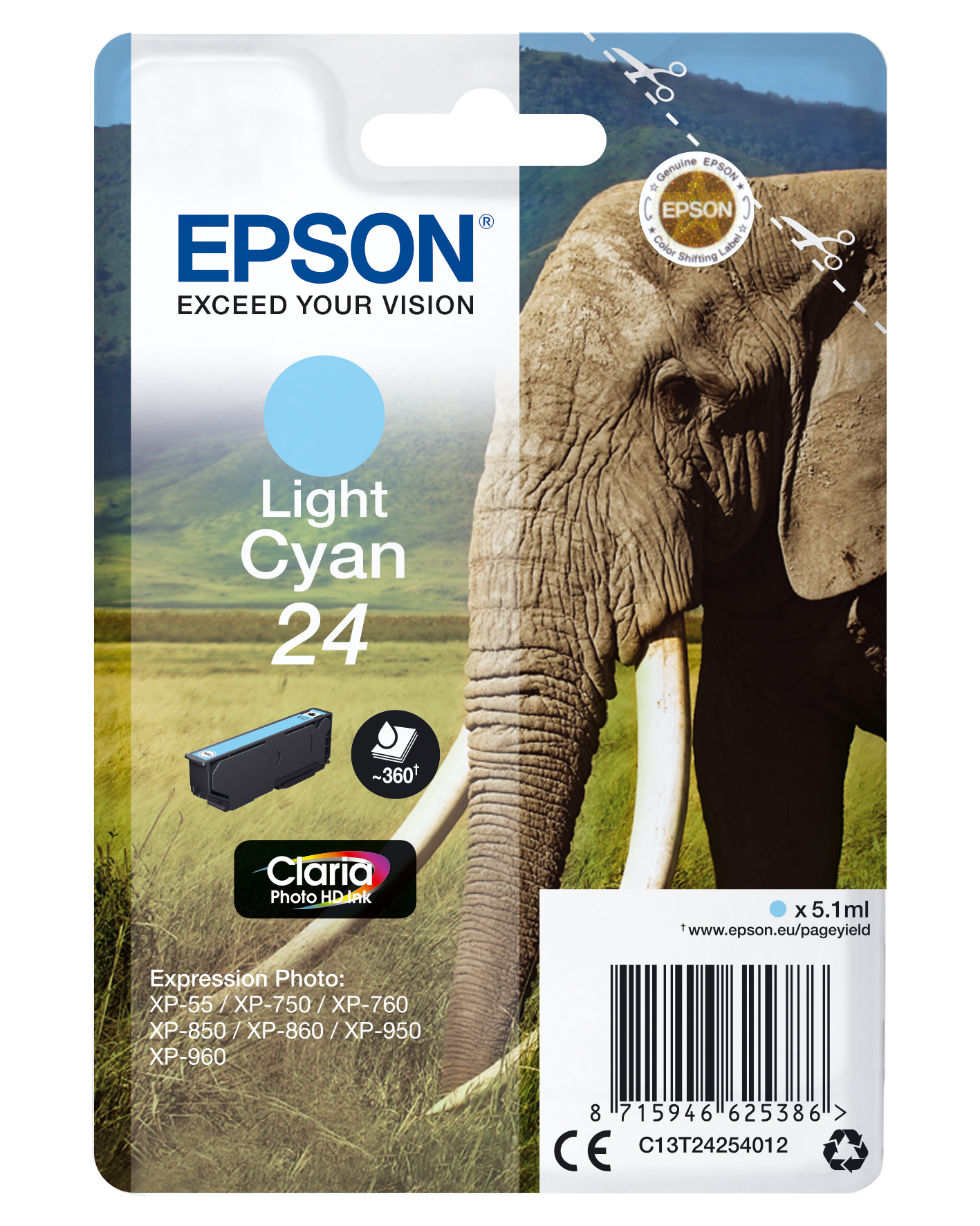 Image of Epson C13T24254012/24 Ink cartridge light cyan, 360 pages 5,1ml...