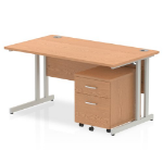 Dynamic Impulse Cantilever Straight Office Desk W1400 x D800 x H730mm Oak Finish Silver Frame With 2 Drawer Mobile Pedestal - MI000967 DD