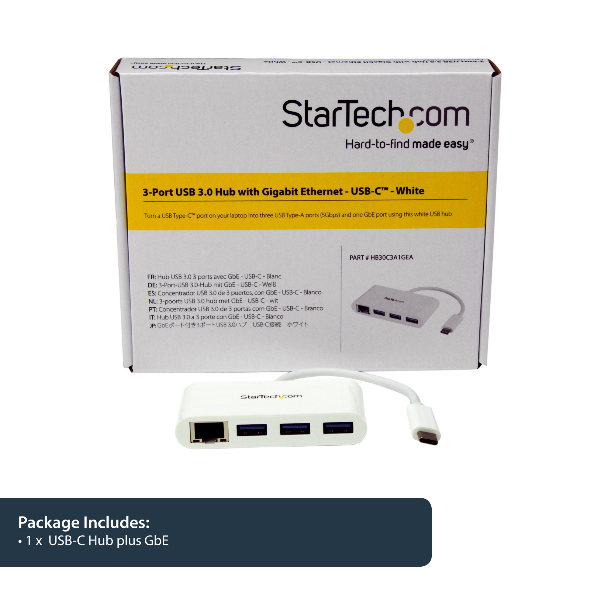 StarTech.com 3-Port USB-C Hub with Gigabit Ethernet - USB-C to 3x USB-A - USB 3.0 Hub - White