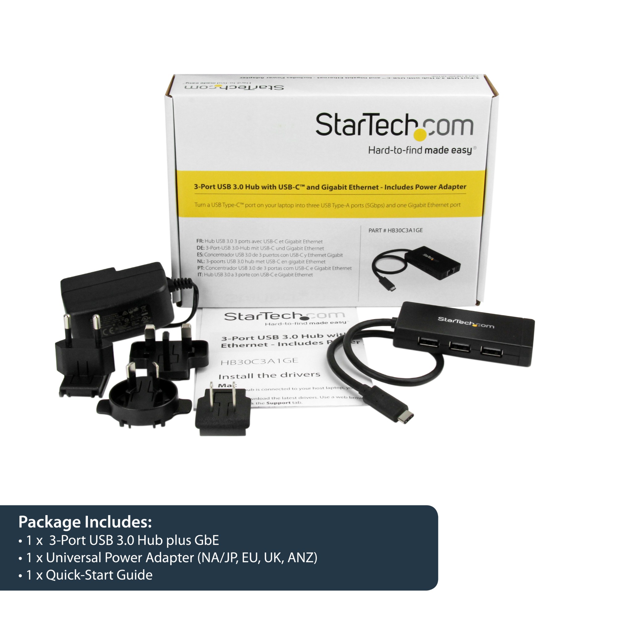 StarTech.com 3-Port USB-C Hub with Gigabit Ethernet - USB-C to 3x USB-A - USB 3.0 - Includes Power Adapter