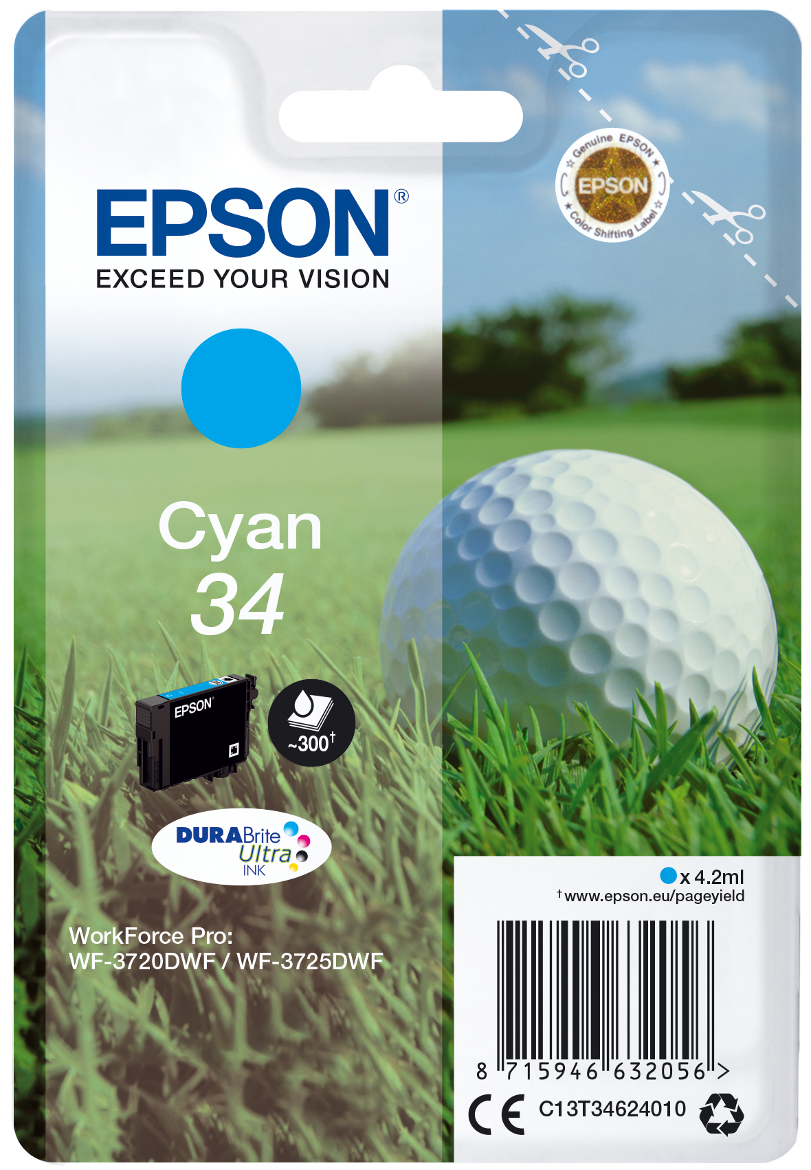 Image of Epson C13T34624010/34 Ink cartridge cyan, 300 pages 4,2ml for...