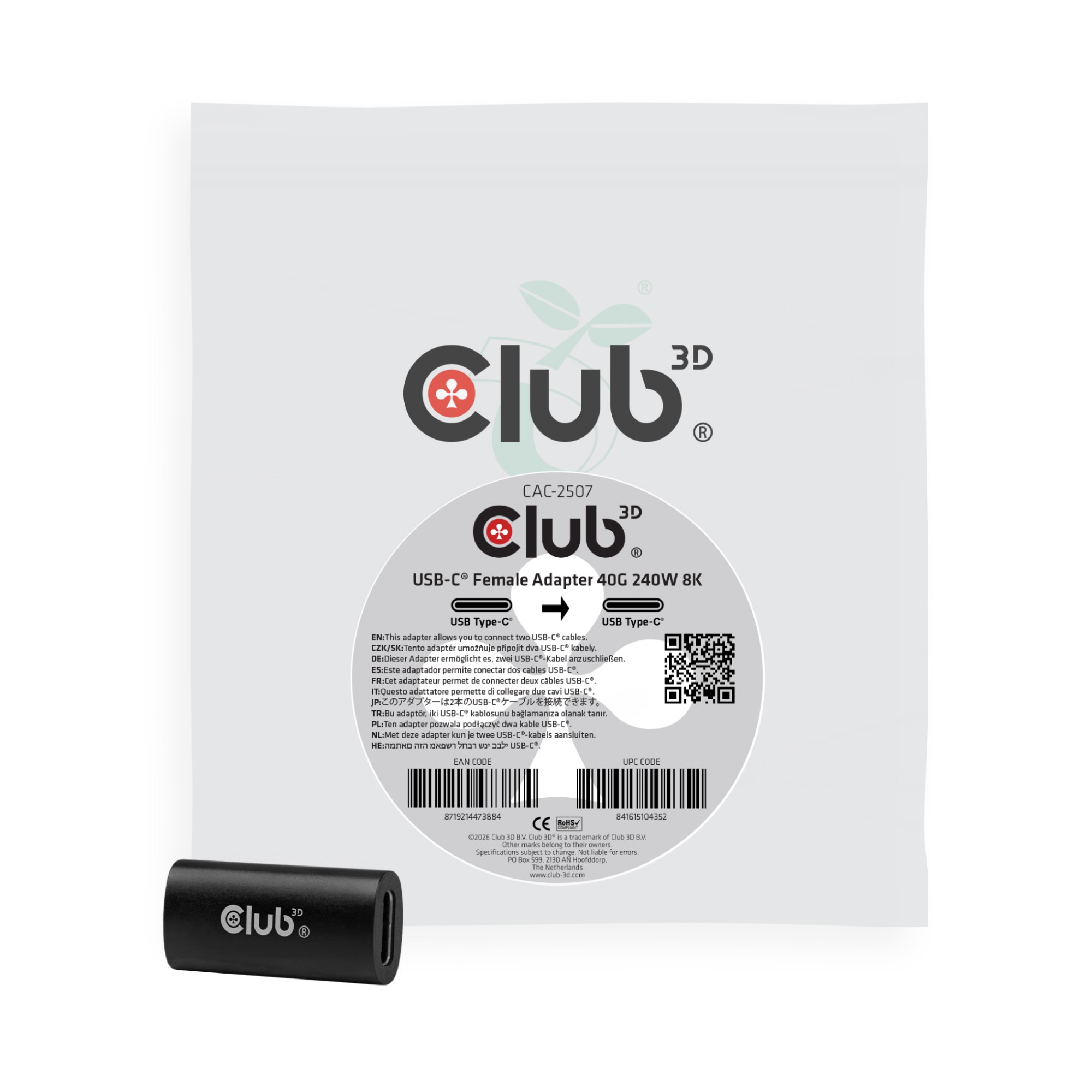 Image of CLUB3D USB-C® Female Adapter 40G 240W 8K60Hz