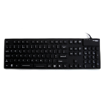 Accuratus Accumed KYBNA-SIL-105CBKHY; fully sealed silicon black full size USB&PS/2 keyboard made up of a Rigid Silicone chassis with NanoArmour 2 layer antibacterial protection impregnated into the silicone and coated on the surface. IP 67 rated it is du