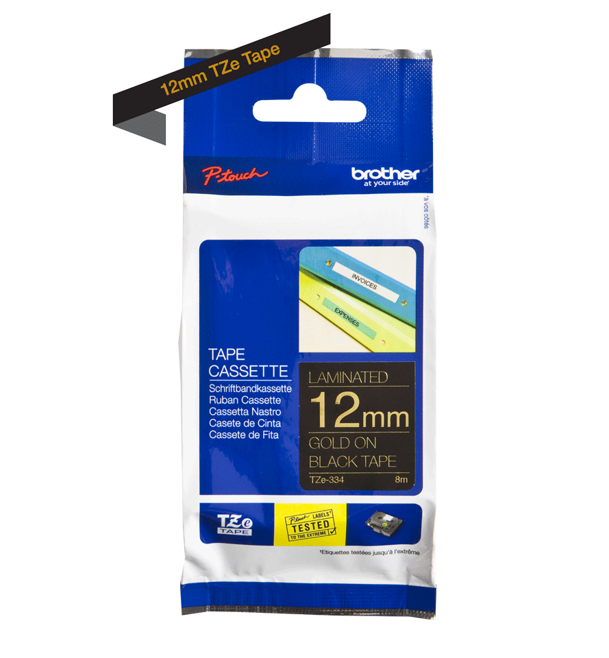 Brother TZE-334 DirectLabel gold on black Laminat 12mm x 8m for Brother P-Touch TZ 3.5-18mm/6-12mm/6-18mm/6-24mm/6-36mm