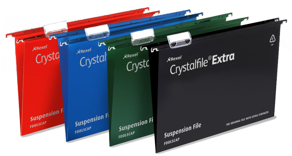 Image of Rexel Crystalfile Extra Foolscap Suspension File 15mm Green (25)