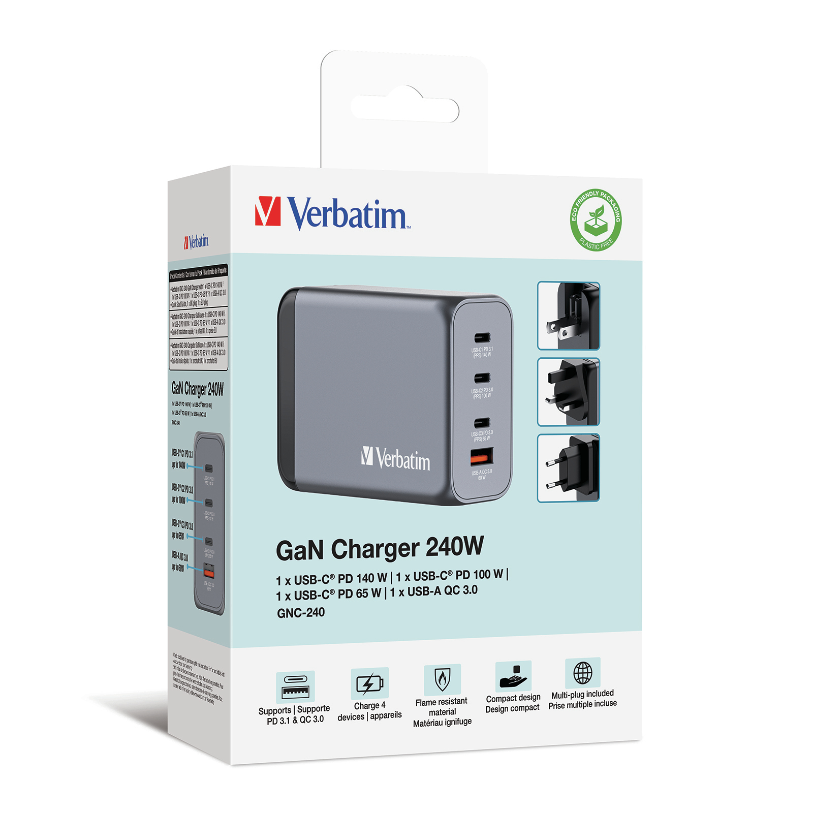 Verbatim GNC-240 GaN Charger 240W with 1 x USB-C 140W /1 x USB-C 100W / 1 x USB-C 65W / 1 x USB-A QC 3.0 (EU/UK/US)