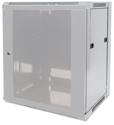 Intellinet Network Cabinet, Wall Mount (Standard), 9U, 450mm Deep, Grey, Flatpack, Max 60kg, Metal & Glass Door, Back Panel, Removeable Sides, Suitable also for use on a desk or floor, 19