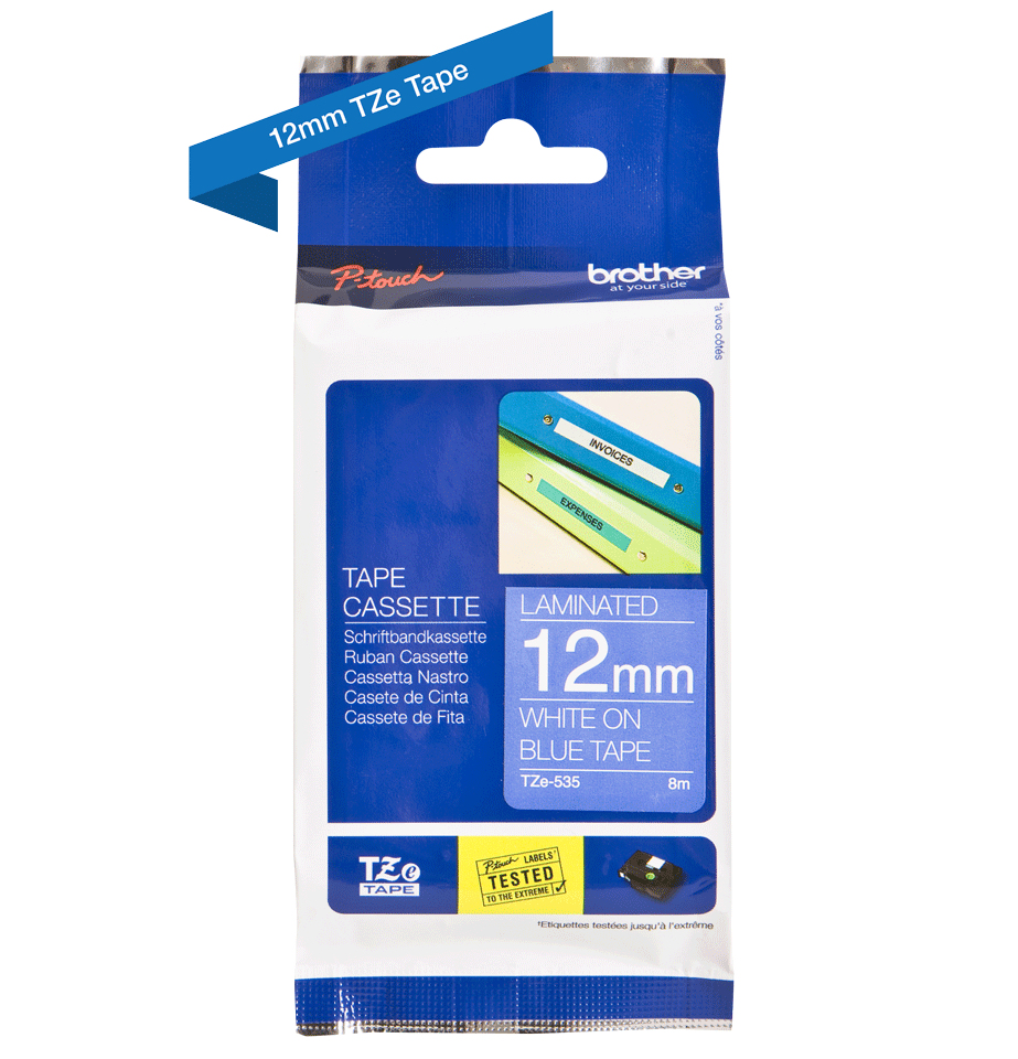Brother TZE-535 DirectLabel white on blue Laminat 12mm x 8m for Brother P-Touch TZ 3.5-18mm/6-12mm/6-18mm/6-24mm/6-36mm