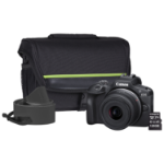 Canon EOS R100 APS-C Mirrorless Camera Kit inc RF-S 18-45mm Lens, 128GB SD Card, Neck Strap and Case - Black