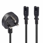 Lindy 2.5m UK 3 Pin Plug to 2 x IEC C7 Splitter Extension Cable, Black