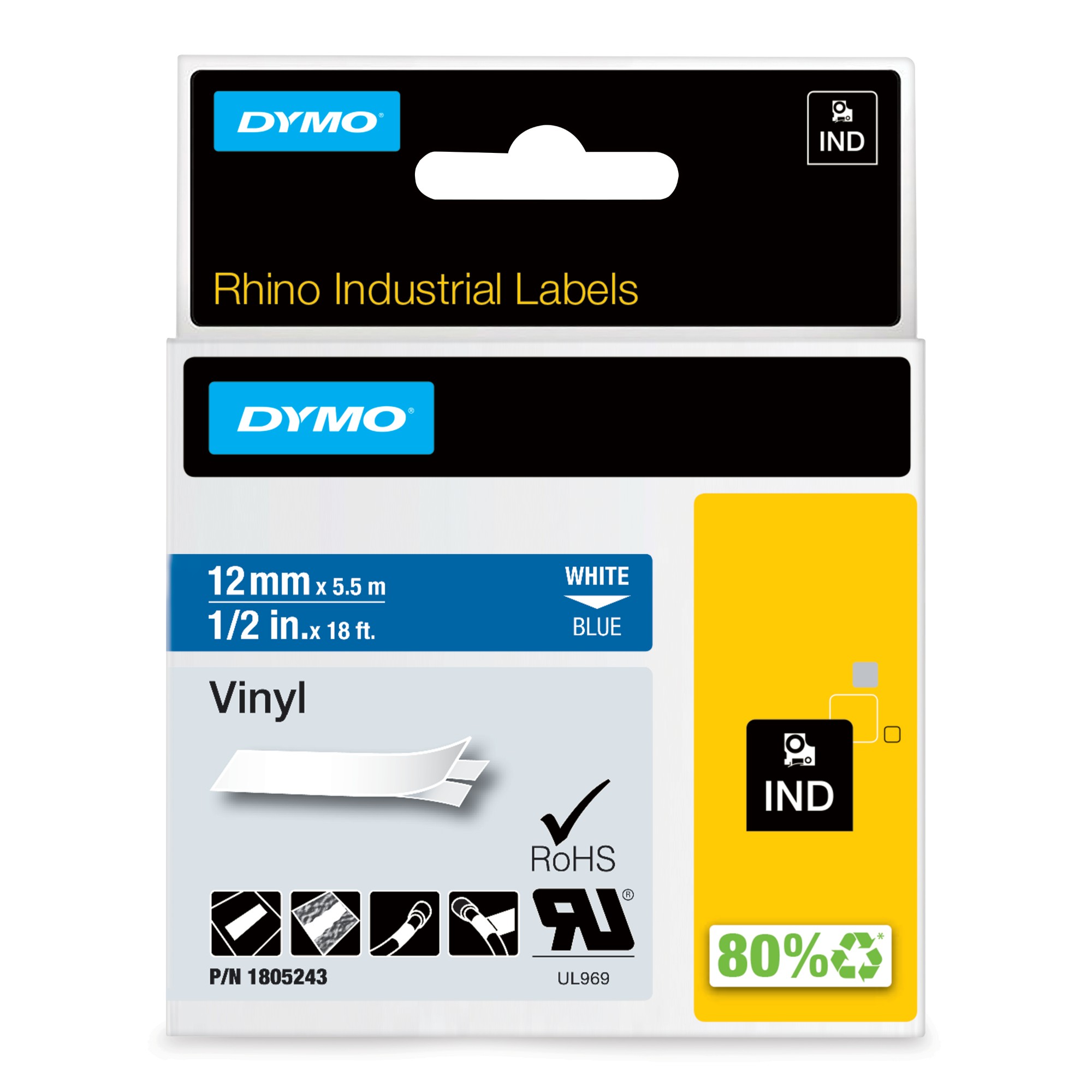 Dymo 1805243 Ribbon Vinyl white / blue 12mmx5,5m for Dymo Rhino 6-12mm/19mm/24mm