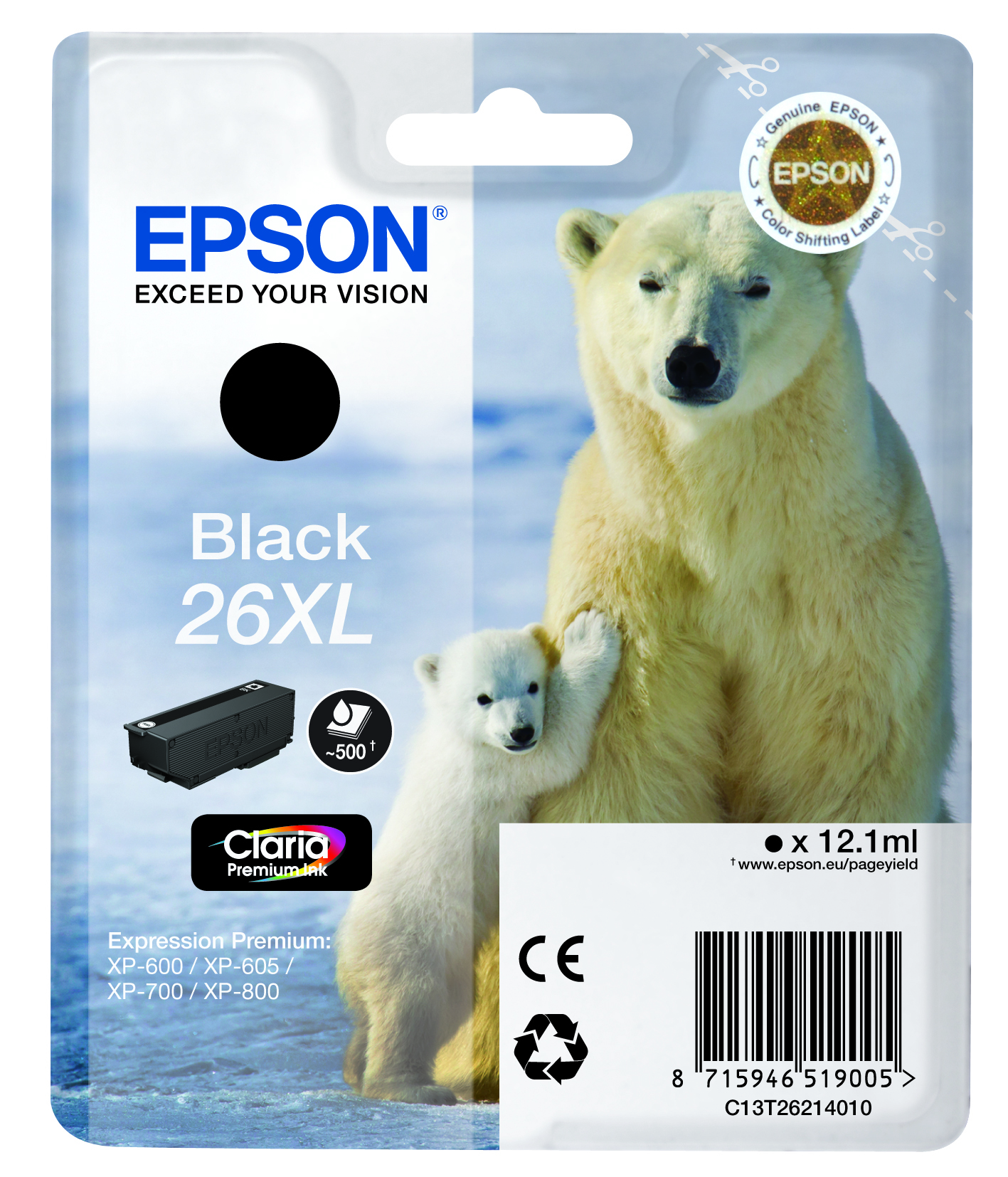 Epson C13T26214010/26XL Ink cartridge black high-capacity XL, 500 pages 12.2ml for Epson XP 600