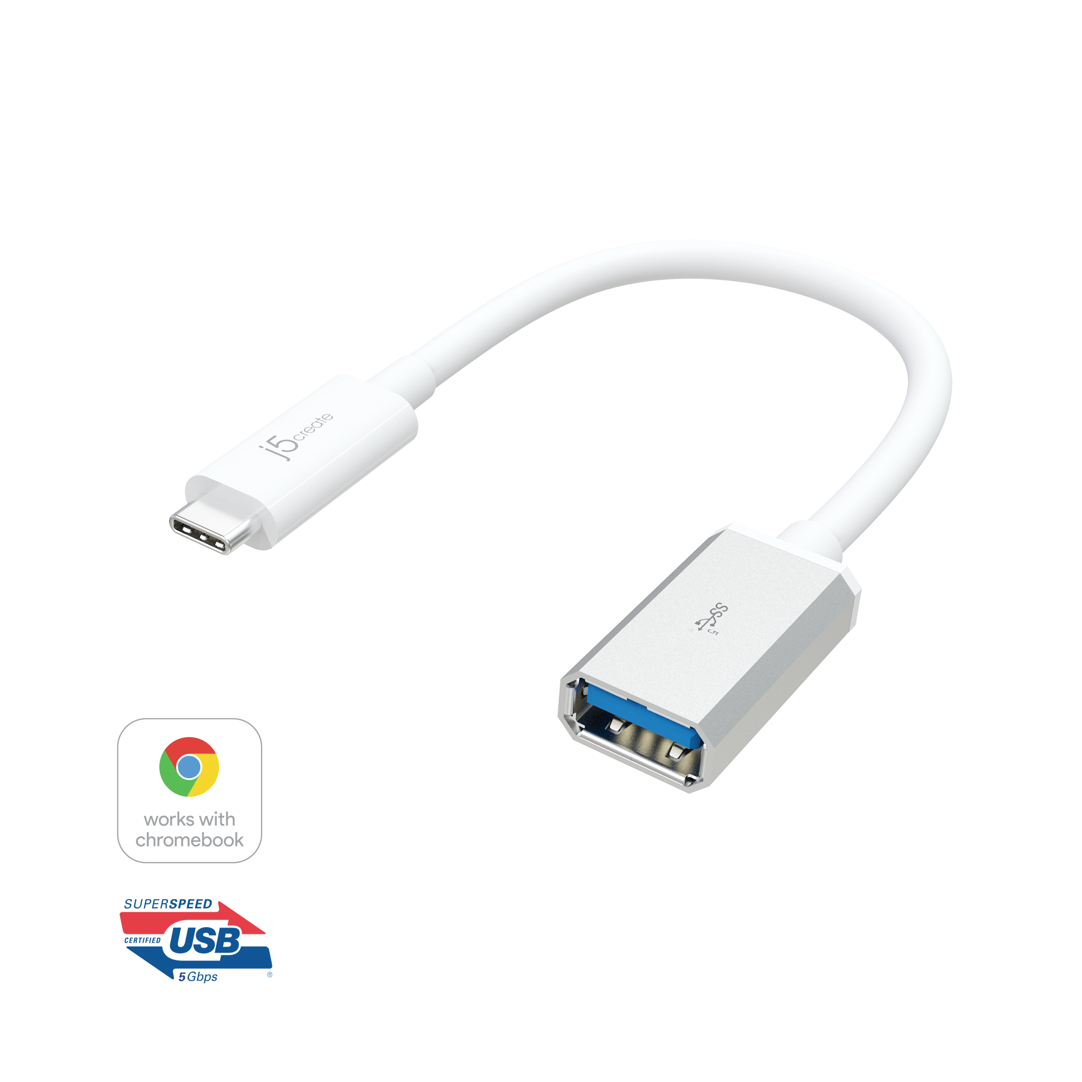 Image of j5create JUCX05 USB-C® 3.1 to USB Type-A Adapter, White and Silver