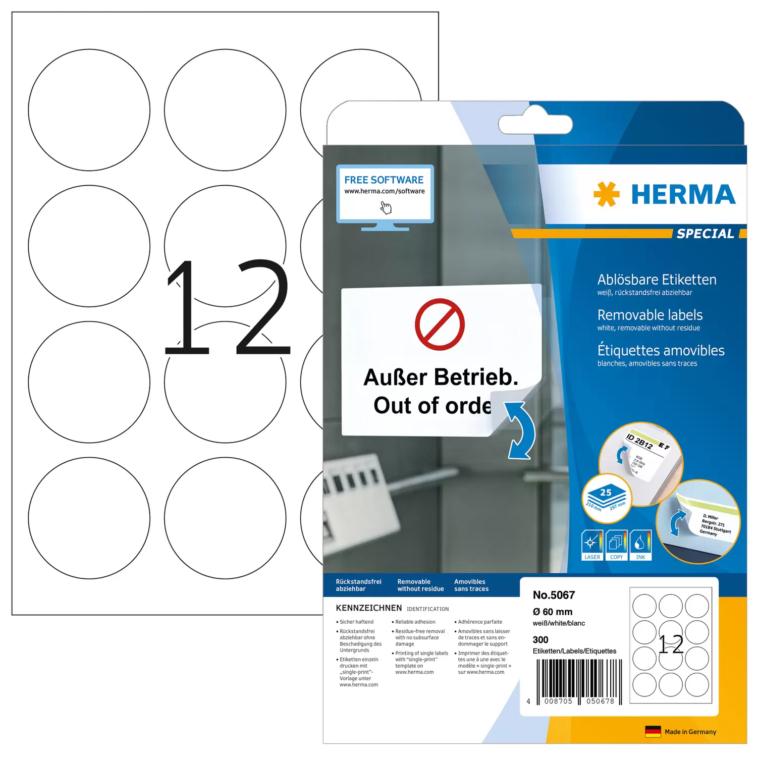 Image of HERMA Removable labels A4 Ø 60 mm round white Movables/removable...
