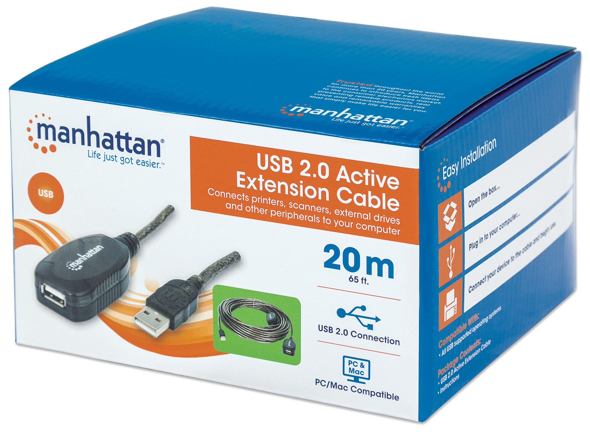 Manhattan USB-A to USB-A Extension Cable, 20m, Male to Female, Active, 480 Mbps (USB 2.0), Daisy-Chainable, Built In Repeater, Black, Boxed
