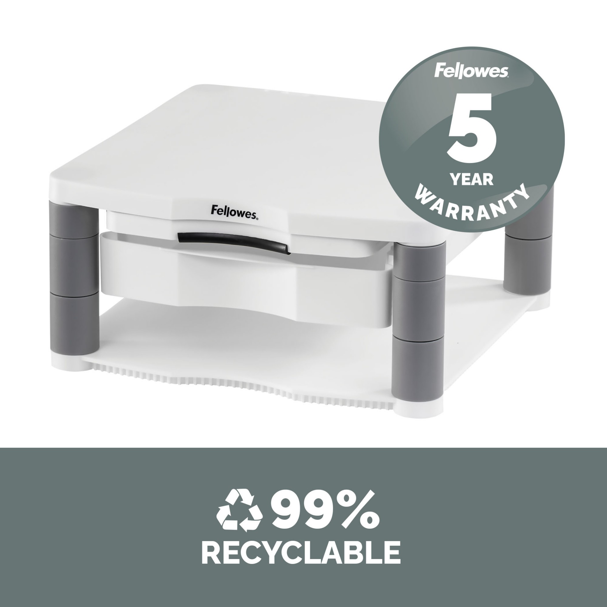 Fellowes Computer Monitor Stand with 3 Height Adjustments - Premium Monitor Riser Plus with Cable Management - Ergonomic Adjustable Monitor Stand for Computers - Max Weight 36KG/Max Size 21" - Platinum