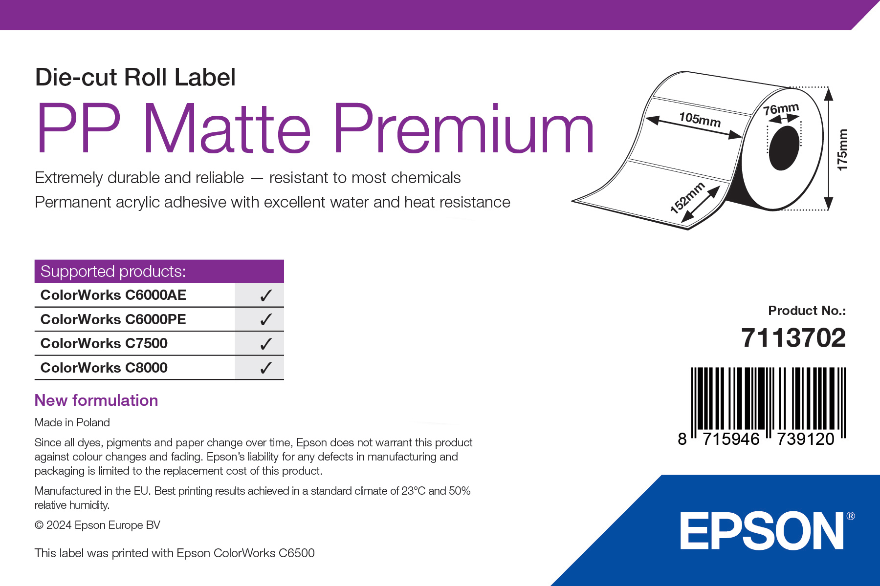 Epson PP Matte Label Premium. Die-cut Roll. 105mm x 152mm. 800 Labels