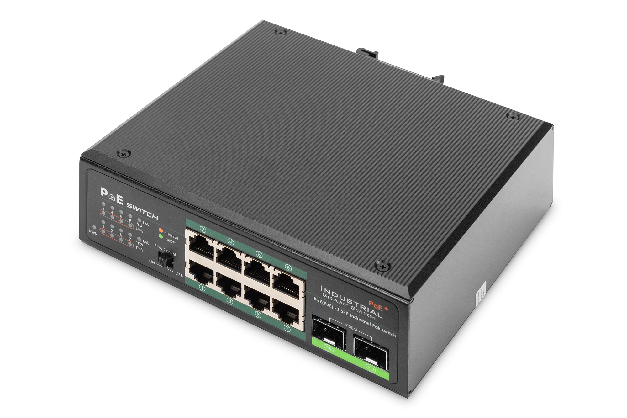 Image of Digitus Industrial 8 Port Gigabit PoE Switch, Unmanaged, 2 Uplinks