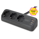 Digitus 3-way office socket strip with 2x USB-A and 1x USB-C connections, black