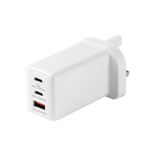 eSTUFF Home Charger USB-C PD 67W GaN UK Plug - White - 100% Recycled P