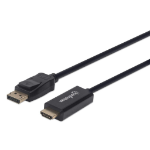 Manhattan DisplayPort 1.1 to HDMI Cable, 1080p@60Hz, 1m, Male to Male, DP With Latch, Black, Not Bi-Directional, Three Year Warranty, Polybag
