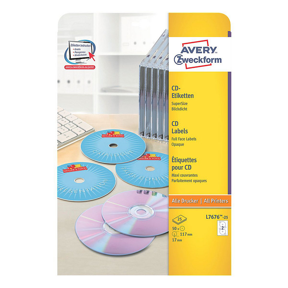 Avery White Full Face CD DVD Laser Label 2 Per Sheet (50 Pack) L7676-25