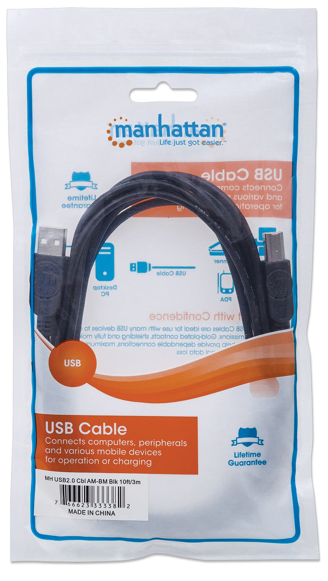 Manhattan USB-A to USB-B Cable, 3m, Male to Male, 480 Mbps (USB 2.0), Black, Polybag