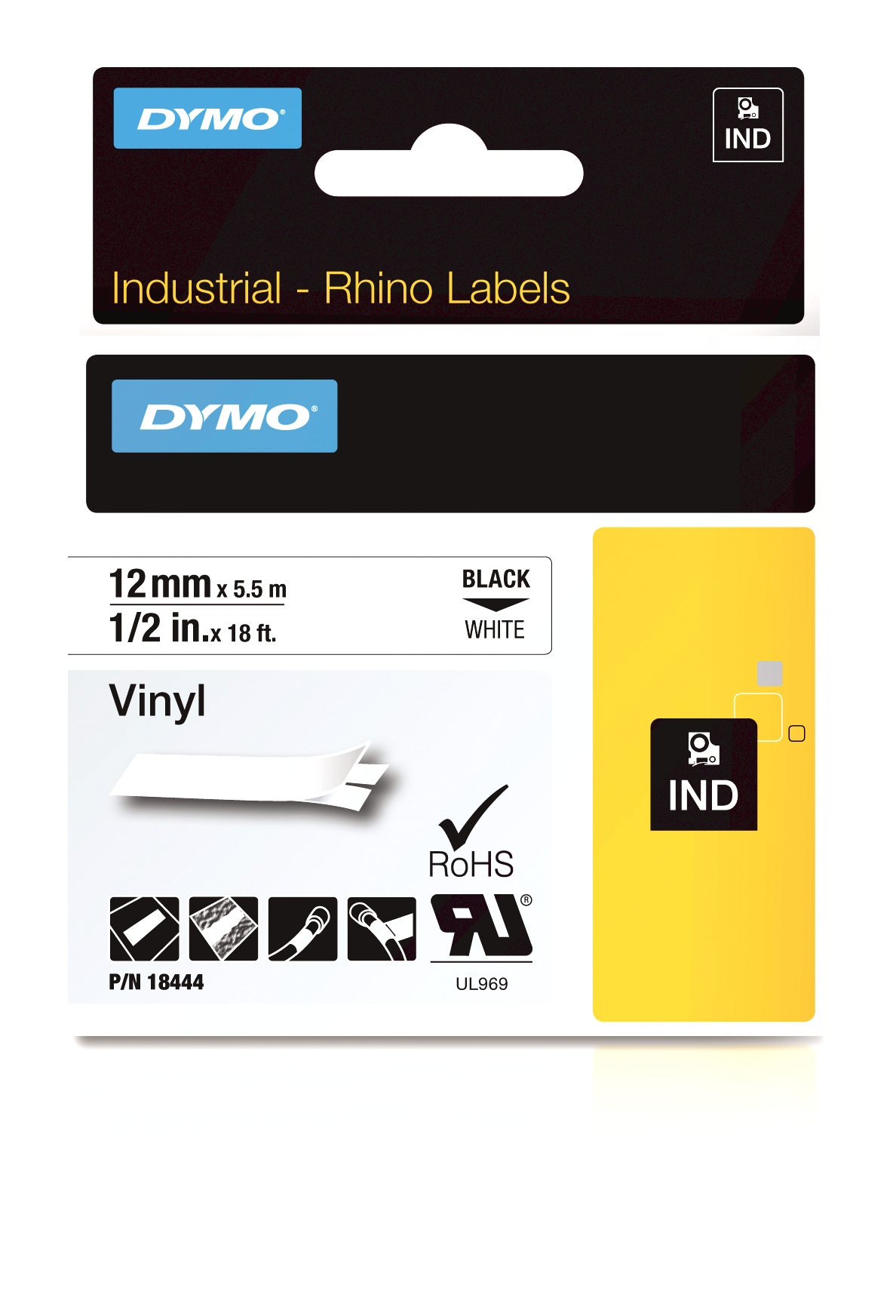 Image of Dymo 18444/S0718600 Ribbon Vinyl black on white 12mm x 5.5m for...