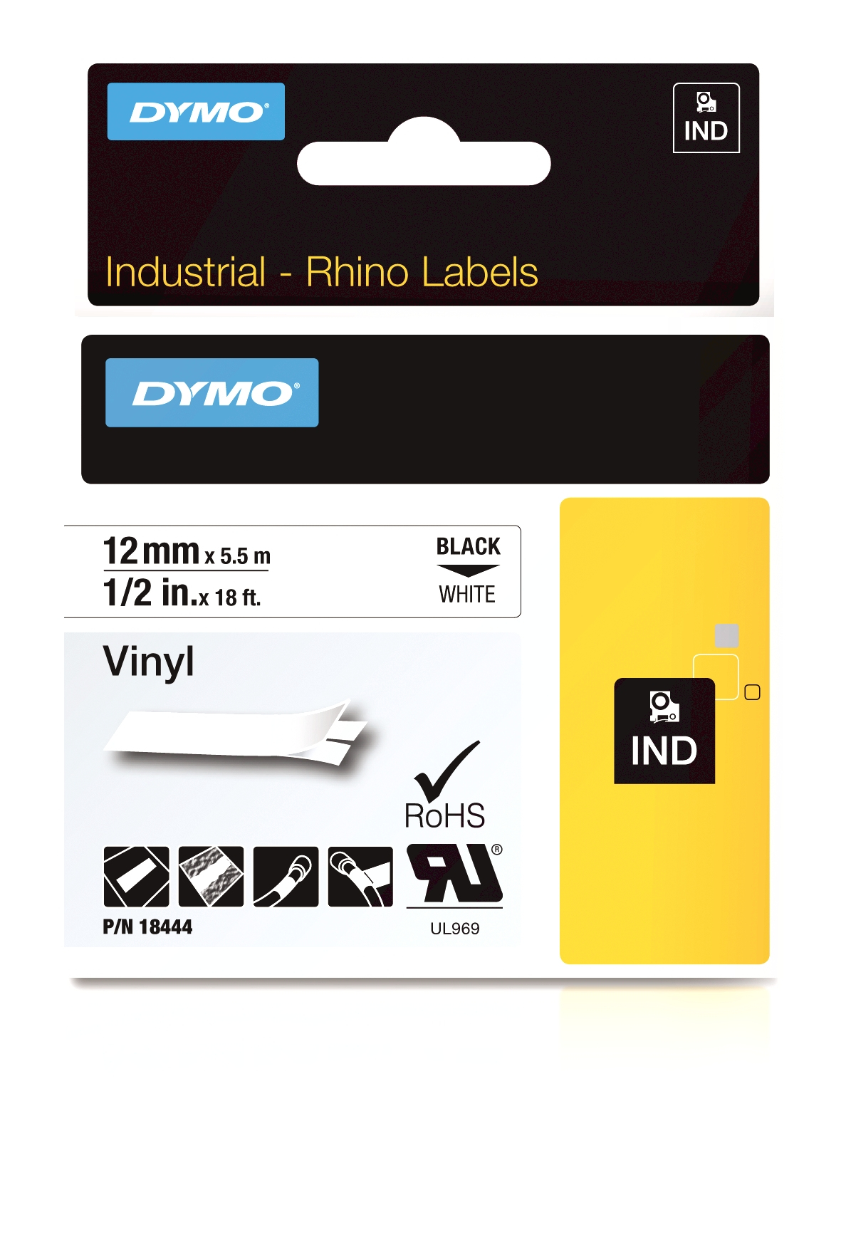 Dymo 18444/S0718600 Ribbon Vinyl black on white 12mm x 5.5m for Dymo Rhino 6-12mm/19mm/24mm