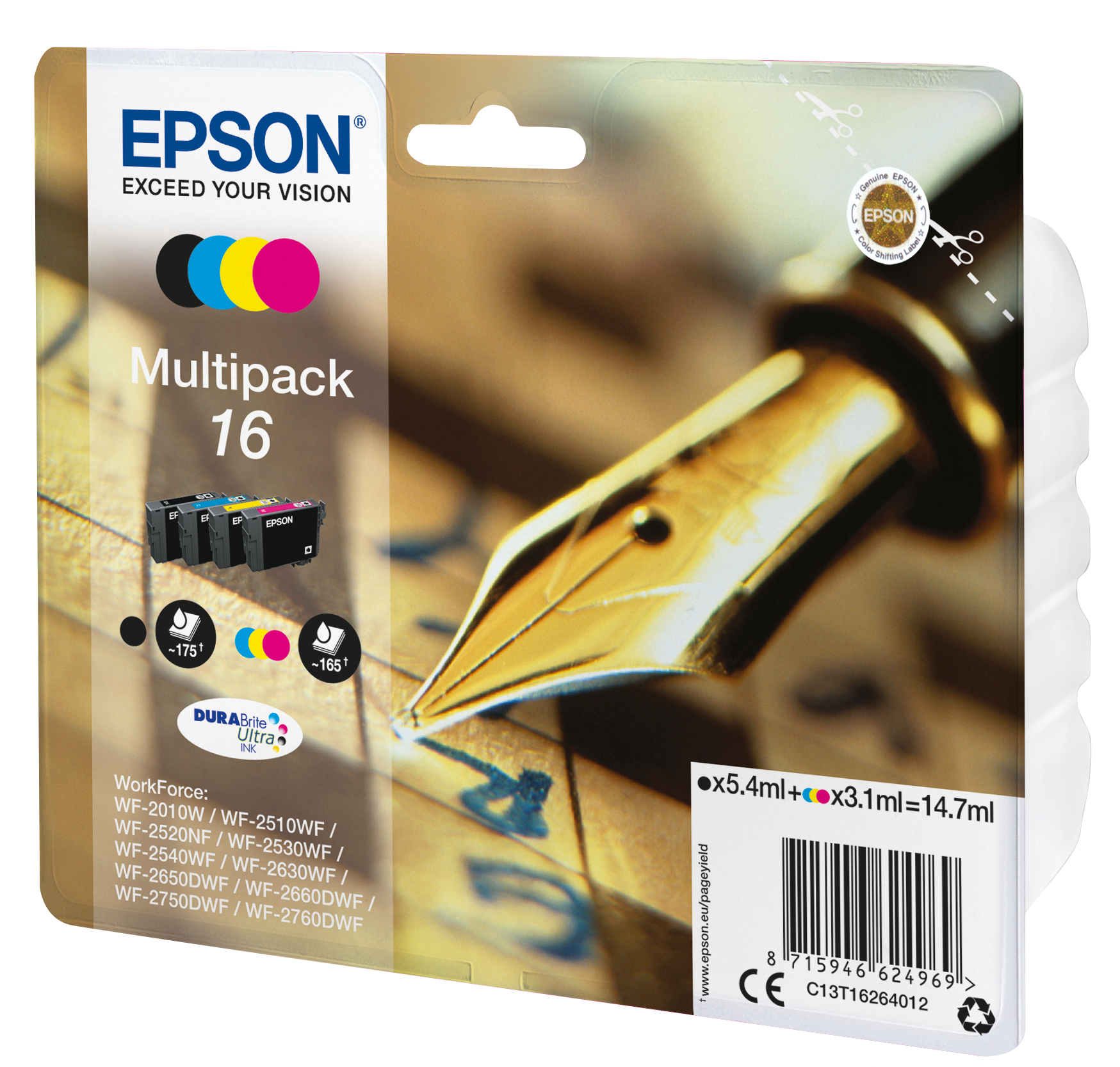 Epson C13T16264012/16 Ink cartridge multi pack Bk,C,M,Y 175pg + 3x165pg, 1x5.4ml + 3x3.1ml Pack=4 for Epson WF 2010/2660/2750