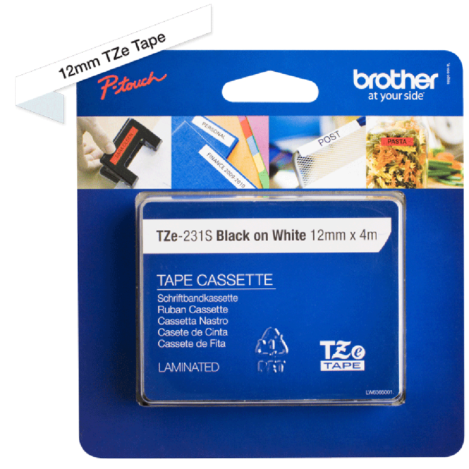 Brother P-Touch TZe Lam Tape Cassette 12mm x 4m Black on White Tape TZE231S2