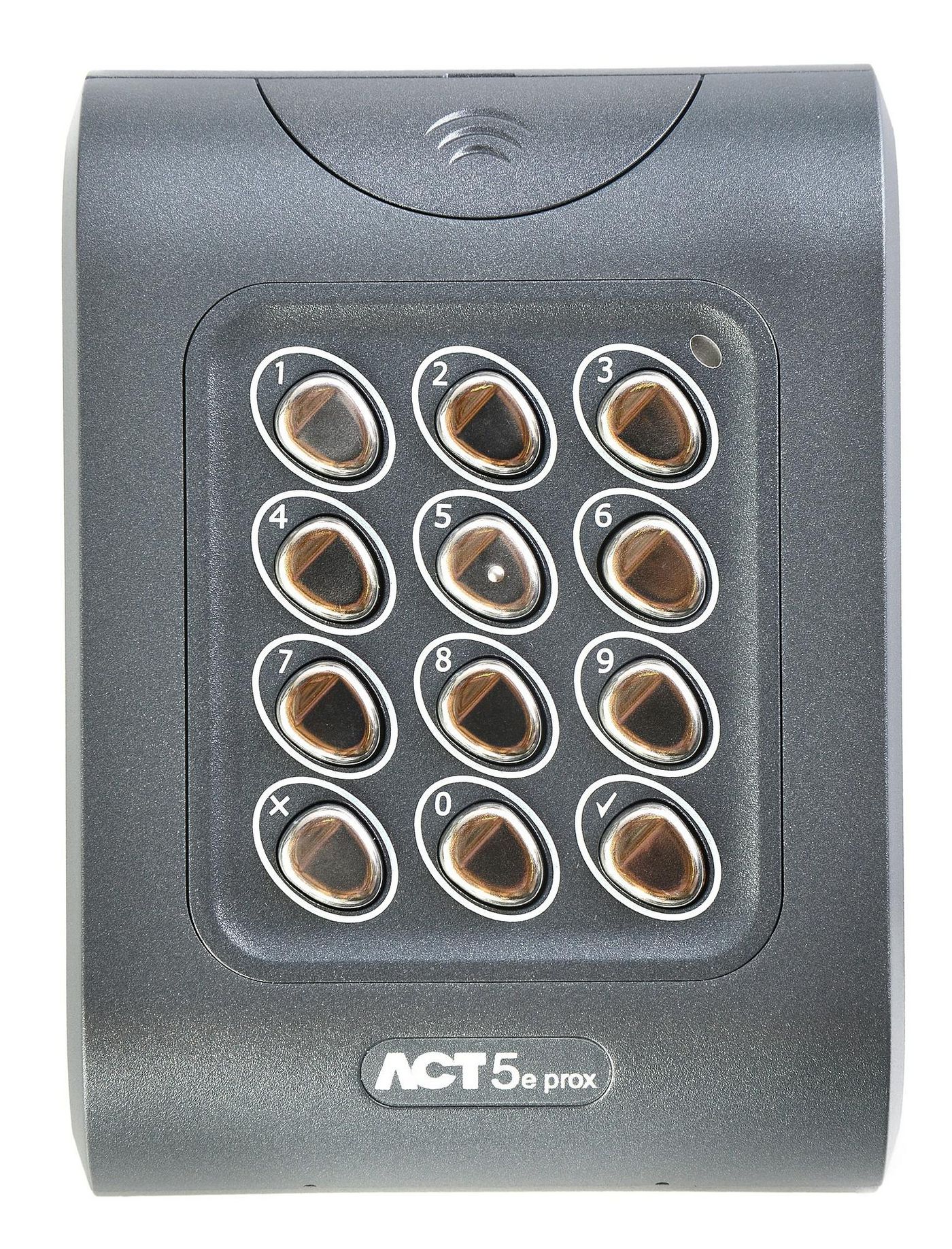 ACT5-EM Prox Reader with  keypad supports 128 users  with PIN code and Card number. It is housed in a stylish IP 55 rated