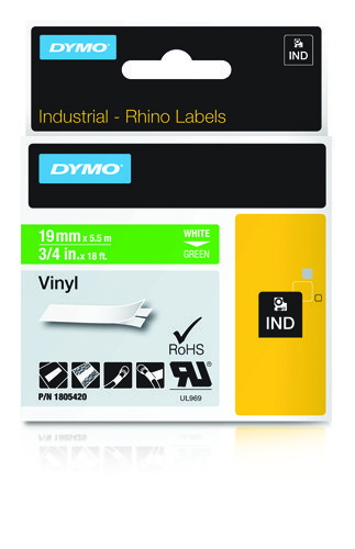 Image of Dymo 1805420 Ribbon Vinyl white on green 19mmx5,5m for Dymo Rhino...
