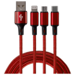 Maplin USB-A to 3 in 1 Multi Charging Cable USB-C/ Lightning Micro USB-B Braided 1.2m  - Red